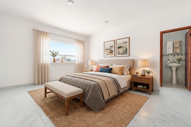 Modern bedroom with queen bed, striped comforter, wooden nightstands, framed wall art, beige curtains, and natural light from large window